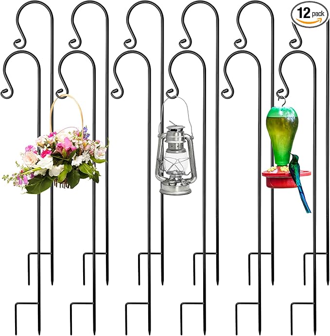 12 Pack Shepherd Hooks for Outdoor 32 Inch 1/3 Inch Thick Shepherd Metal Curled Garden Hook for Lanterns Hanging Plant Baskets Solar Lights Bird Feeders Wedding Decor, Black