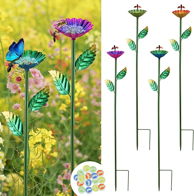 Bee Watering Station,4 Packs Metal Bee Water Feeder for Garden with 16 Glass Marbles, Butterfly Feeder Yard Decor, Outdoor Colorful Flower Design to Attract Pollinators