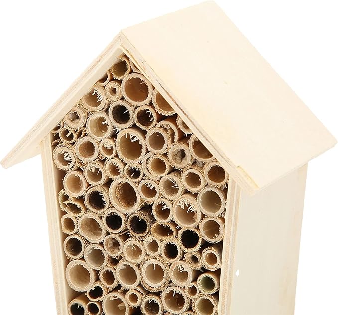 Native Hive Wooden Bee House, Natural Handmade Wooden Bee Box Habitat with Bamboo Tubes,Insect House Shelter for Attracting Peaceful Bee Pollinators (2PCS)