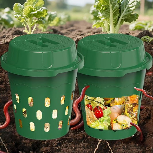 2-Pack InGround Compost Bin for Garden Beds, 8L Worm Composter Farm for Faster Composting, Worm Composter Kit with Aeration, Animal-Proof Lid for Beginners (9.5x9.5x10.8Inch) (2, Green)