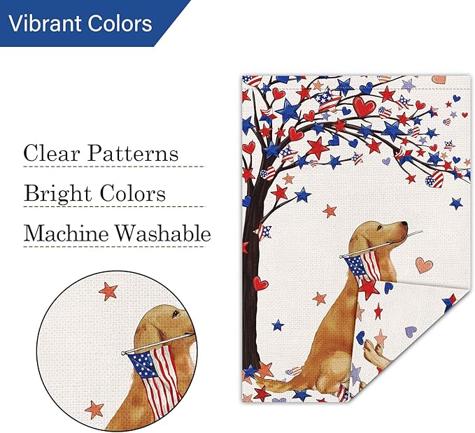 Louise Maelys 4th of July Garden Flag 28x40 Double Sided, Small Burlap Welcome Patriotic Golden Retriever Dog Yard House for Memorial Veterans Independence Day Outdoor Decor