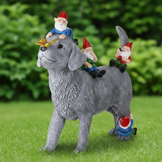 Chunful Dog and Gnome Garden Statues for Outside Decor with Butterfly Funny Yard Decorations Home Indoor Outdoor Patio Lawn Ornaments Housewarming Birthdays Gifts for Women Mom Grandma, 10.62 Inch