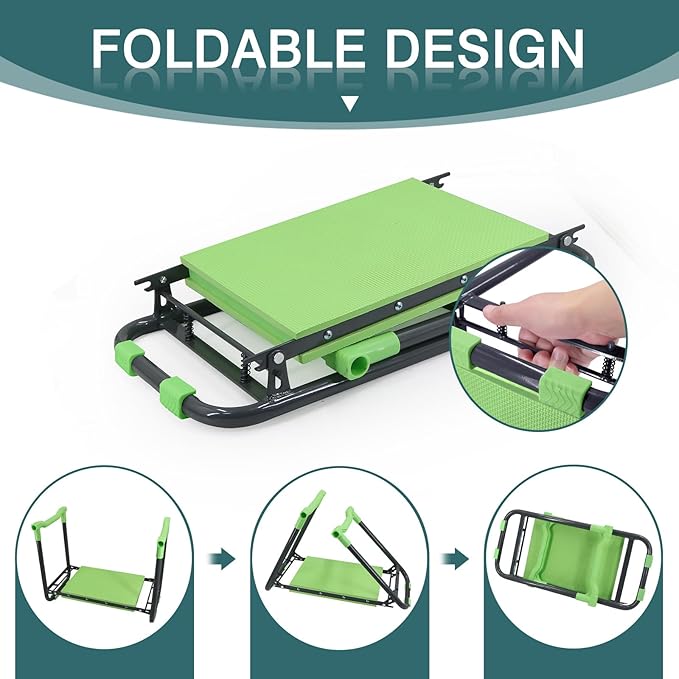 Foldable Garden Kneeler and Seat – 2-in-1 Gardening Stool with a Tool Storage Pouch, Lightweight and Portable for Elderly, Outdoor, Lawn Care (Green)