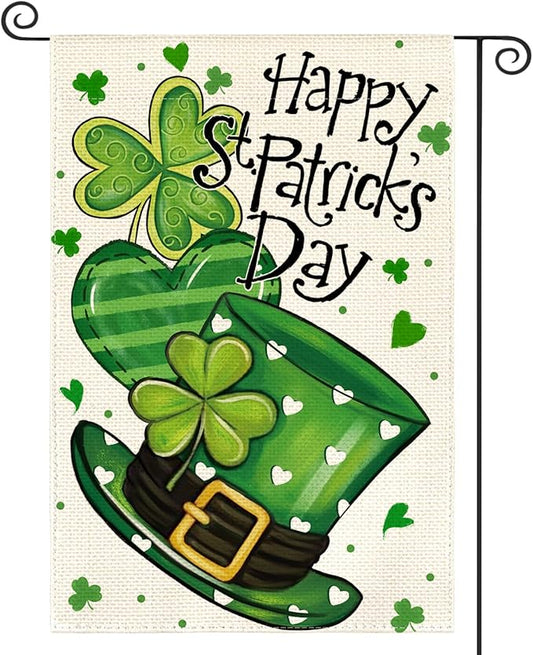 AVOIN colorlife Happy St Patricks Day Garden Flag 12x18 Inch Double Sided Outside, Shamrock Lucky Clover Hat Yard Outdoor Flag
