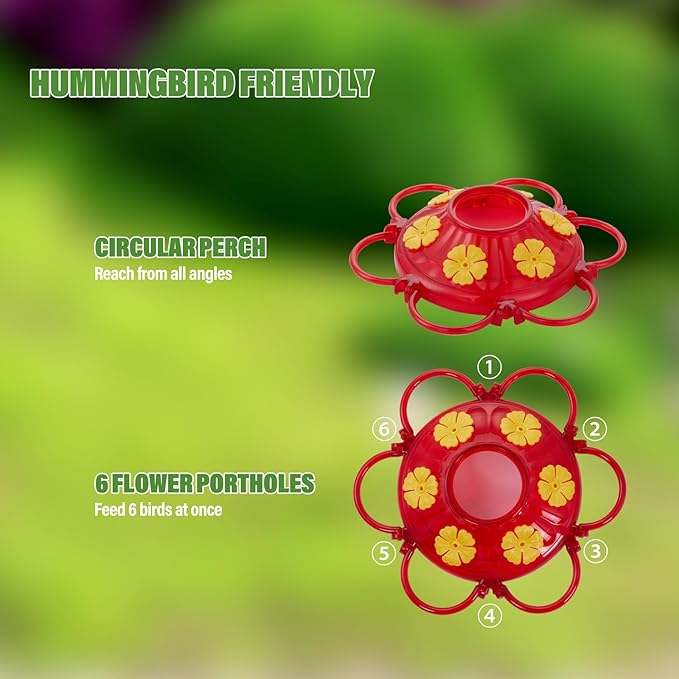 Hummingbird Feeder 20 oz [Set of 2] Plastic Hummingbird Feeders for Outdoors, with Built-in Ant Guard and Bee Proof - 6 Feeding Ports - Wide Mouth for Easy Filling/2 Part Base for Easy Cleaning