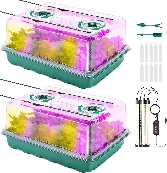 96 Cell Seed Starter Tray with Grow Light, Seed Starter Kit with Adjustable Humidity Dome, Seed Starting Trays Plant Starter Kit for Seeds Growing Starting, Indoor Gardening, Greenhouse