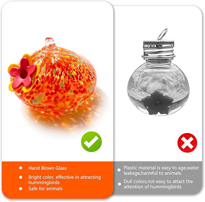 2 Pcs Blown Glass Hummingbird Feeder for Outdoors Hanging, Ant & Bee Resistant Window Bird FeederHandmade Garden Decor Gift for Women - Small Round Glass Feeders Bundle (Droplet B2)