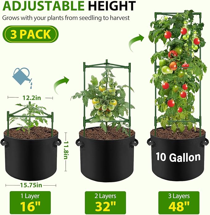 Suntee 3 Pack Tomato Cage with 10 Gallon Grow Bags, 48 Inch Tomato Cages for Garden Patio Balcony, Adjustable Height Tomatoes Plant Support for Climbing Vegetables Plants Flowers