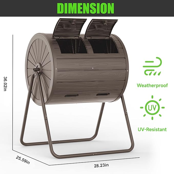 EasyUp Compost Bin Outdoor Dual-Chamber Outdoor Compost Tumbler, 37.6-Gallon Efficient Rotating Composter, UV-Resistant and Weatherproof, for Garden, Kitchen, and Yard (Grey)