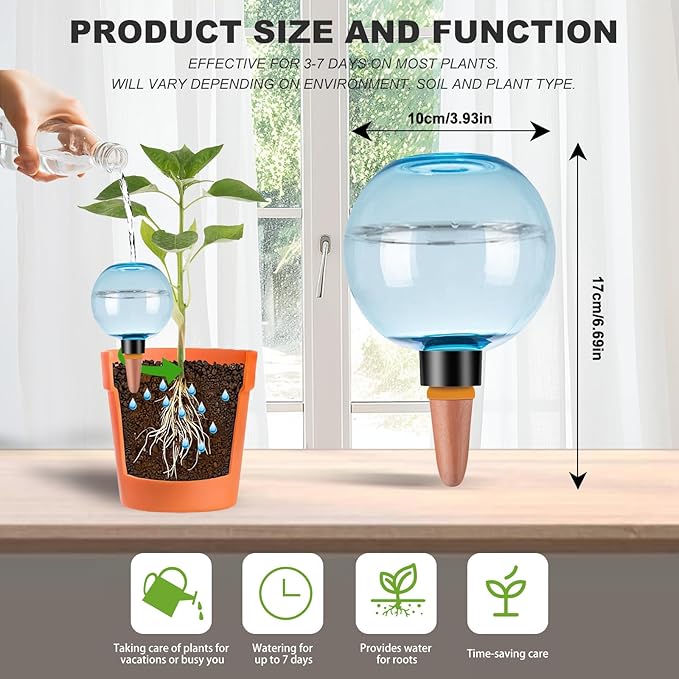2 Pack Self Watering Globes 17oz Large Plant Watering Globes Top Fill, Self Water Planter Insert Indoor/Outdoor Plastic Water Bulbs Slow Release Terracotta for Plants, Blue