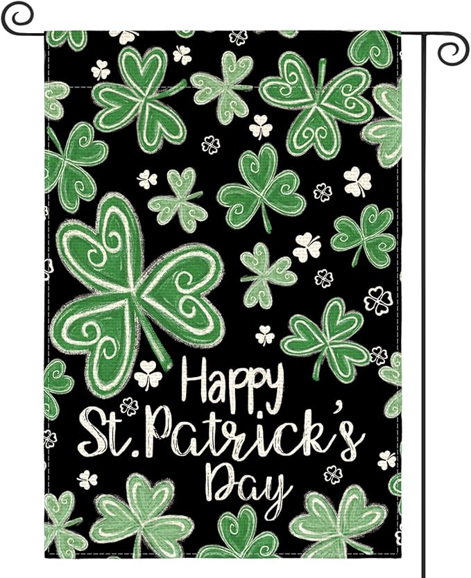 AVOIN colorlife Happy St Patricks Day Garden Flag 12x18 Inch Double Sided Outside, Shamrock Lucky Clover Floral Yard Outdoor Flag