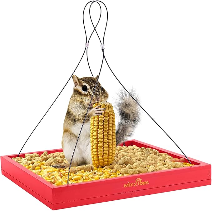 MIXXIDEA Bird Feeder Hanging Tray Seed Tray Wooden Platform Hummingbird Feeder Hanging Tray Mesh Seed Platform for Garden Yard Outside Decoration Attracting for Wild Birds (Red-1pk)