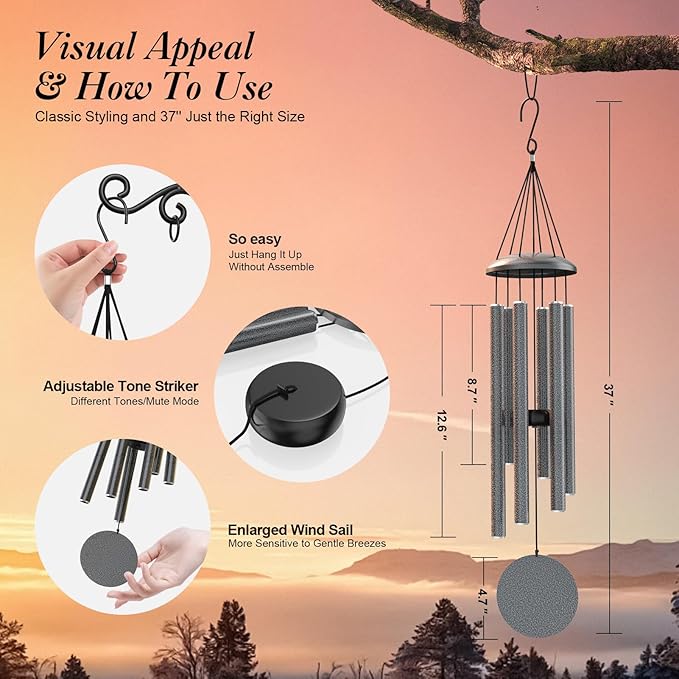 Big Grey Wind Chimes for Outside Deep Tone, Personalized Metal WindChimes Tuned Melodic Music Sound Outdoors for Garden Patio Home with Rewritable Wind Catcher