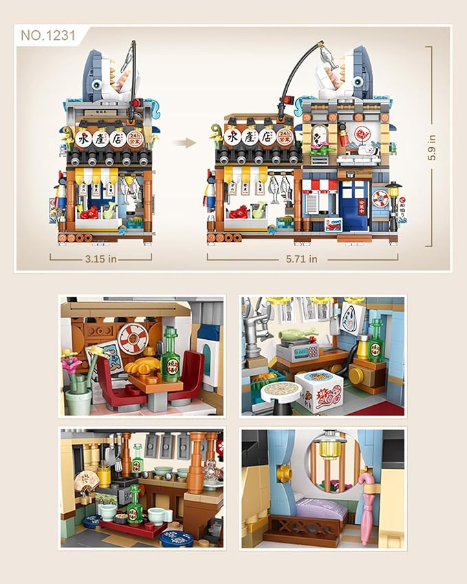 Japanese City Street View Seafood Store Mini Building Blocks Set 790 pcs, Aquatic Products Shop MOC Creative House, Simulation Architecture Toy, Gifts Idea for Kids Adults (1231)