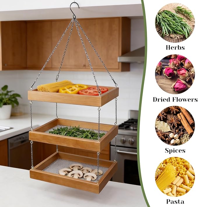 3-Tier Hanging Herb Drying Rack | 15.7"x11.8" Wooden & Mesh Dryer for Herbs, Flowers | Space-Saving Vertical Storage Solution for Kitchen, Grow Tent, and Balcony - Perfect for Home Gardeners