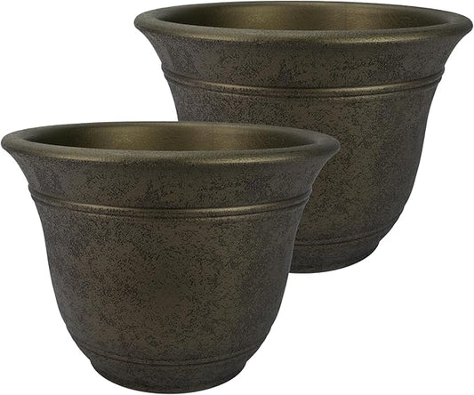 The HC Companies Sierra Round Self-Watering Pot - Lightweight Plastic Planter for Herbs & More - Durable Plant Pots for Indoor Plants & Outdoor Plants (16” Celtic Bronze, Pack of 2)