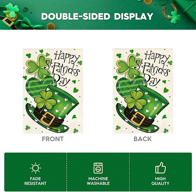 AVOIN colorlife Happy St Patricks Day Garden Flag 12x18 Inch Double Sided Outside, Shamrock Lucky Clover Hat Yard Outdoor Flag