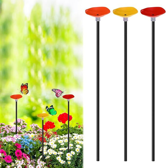 3 Pcs Bee Watering Station Set Metal Bee and Butterfly Feeders with Metal Stake Bird Butterfly Bath Bowl Cup for Poppy Flower Garden Lawn Outdoor Garden Yard Patio Decor (Red Yellow Orange)
