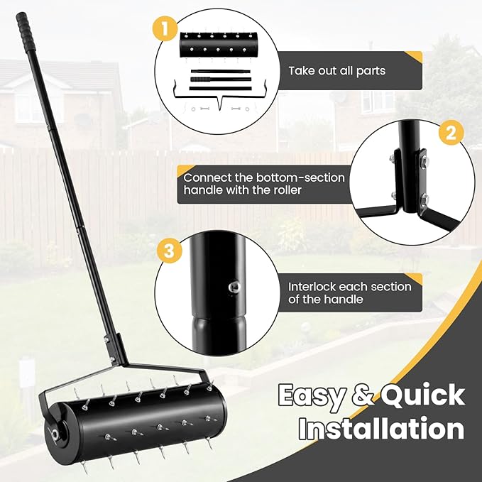 Goplus Rolling Lawn Aerator, 21-Inch Garden Yard Rotary Push Tine Filled Sand Stone, Heavy Duty Spike Soil Aeration w/Metal Handle, Fillable Drum 51" Manual Lawn Aeration Tool Garden Grass Patio Yard