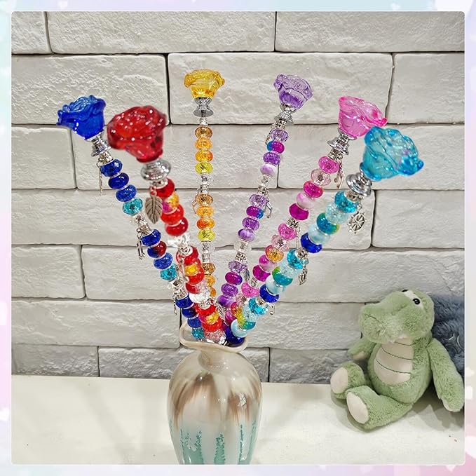 140Pcs DIY Fairy Wand Beaded Garden Stakes Kit Fairy Wands Kit for Different Festivals Fairy Garden Accessories Outdoor Fairy Garden Stakes Decorative (Rose)