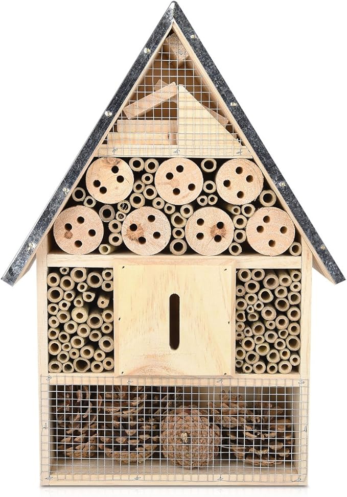 Navaris XL Wooden Insect Hotel - 9 x 16 x 3 Inches - Natural Wood Insect Home Bamboo Nesting Habitat - Garden Shelter for Bees, Butterflies, Ladybugs