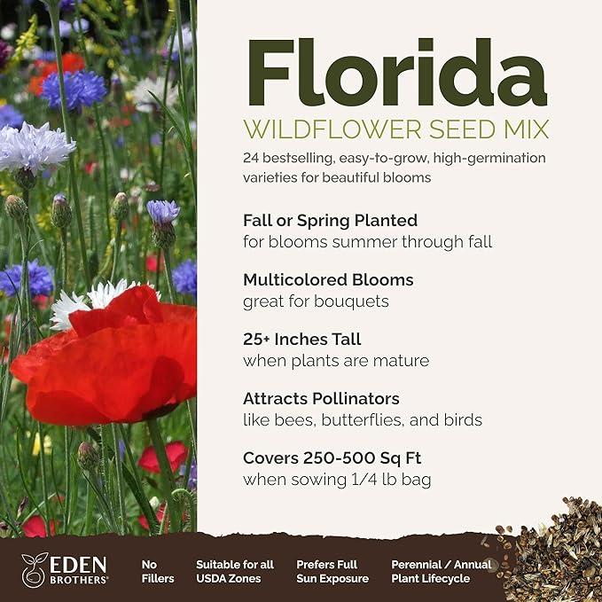 Eden Brothers Florida Wildflower Mixed Seeds for Planting, 1/4 lb, 120,000+ Seeds with Cornflower, Cosmos, African Daisy | Attracts Pollinators, Plant in Spring or Fall, Zones 3, 4, 5, 6, 7, 8, 9, 10