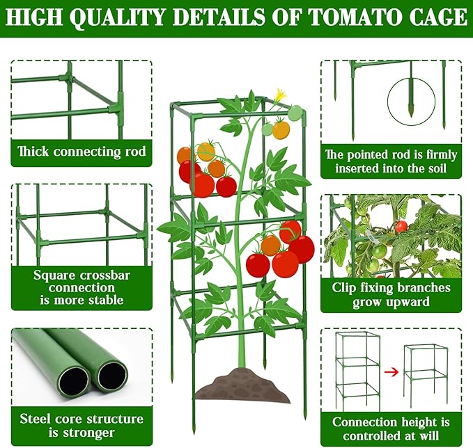 ZeeDix 2 Pack Heavy Duty Tomato Cages for Garden 60 Inches, Square Adjustable Tomato Trellis Cage Climbing Plant Support Trellis Plant Cages for Climbing Vegetables Flowers with 20Pcs Clips