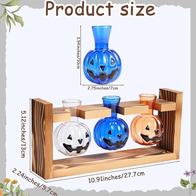 Mimorou Plant Propagation Stations Plant Terrarium with Wooden Stand Hydroponics Glass Vase Planter for Home Office Garden Table Decoration(Pumpkin)