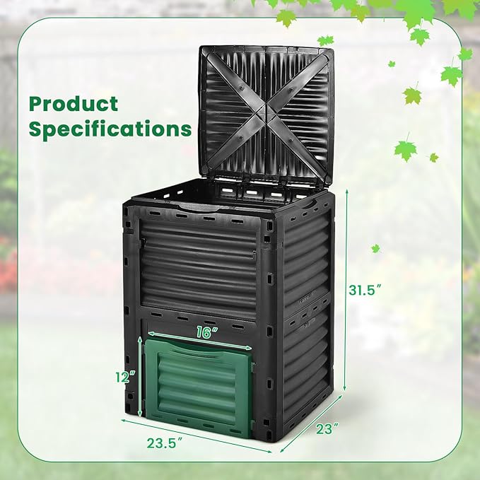Compost Bin Outdoor, 80 Gallon Garden Compost Bin with Top Lid & Bottom Door, Aerating Outdoor Compost Box Waste Container Barrel Fertilizer for Garden & Yard (Black & Green)