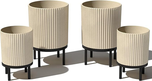 Veradek Demi Series Round Planter w/Stand for Porch/Patio | Durable Plastic-Stone Composite & Wooden Stand | Modern Décor for Tall Plants, Flowers