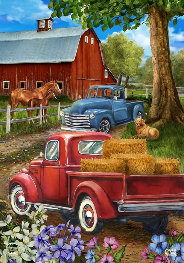 Country Lane Spring House Flag Pickup Trucks 28" x 40" Briarwood Lane