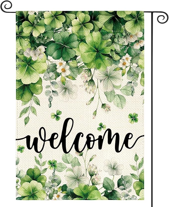 AVOIN colorlife St Patricks Day Floral Garden Flag 12x18 Inch Double Sided Outside, Shamrock Lucky Clover Welcome Yard Outdoor Flag