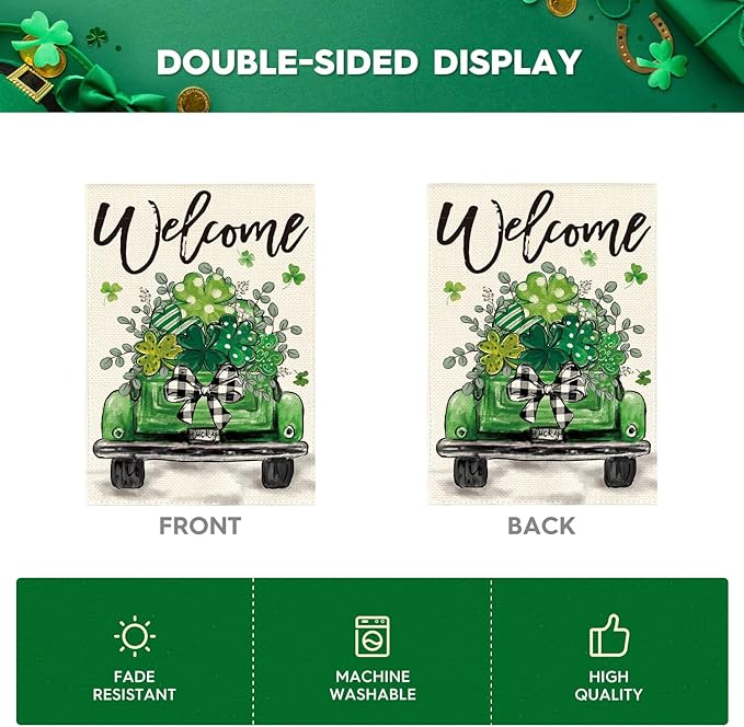 AVOIN colorlife St Patricks Day Truck House Flag 28x40 Inch Double Sided Outside, Lucky Shamrocks Clovers Welcome Yard Outdoor Decoration