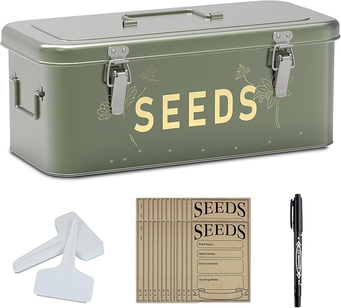 Orionstar Metal Seed Storage Organizer, 4 Compartments Saving box with 30 Envelopes & Labels, Garden Organization Bin for Heirloom Protection, Vintage Dark Green