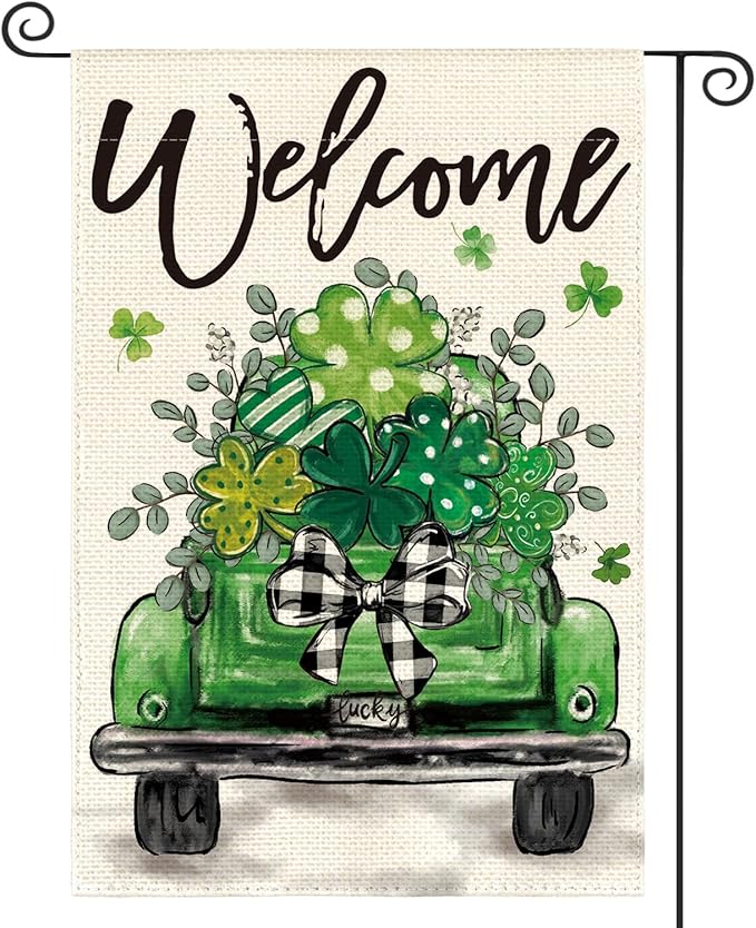 AVOIN colorlife St Patricks Day Truck Garden Flag 12x18 Inch Double Sided Outside, Lucky Shamrocks Clovers Welcome Yard Outdoor Decoration