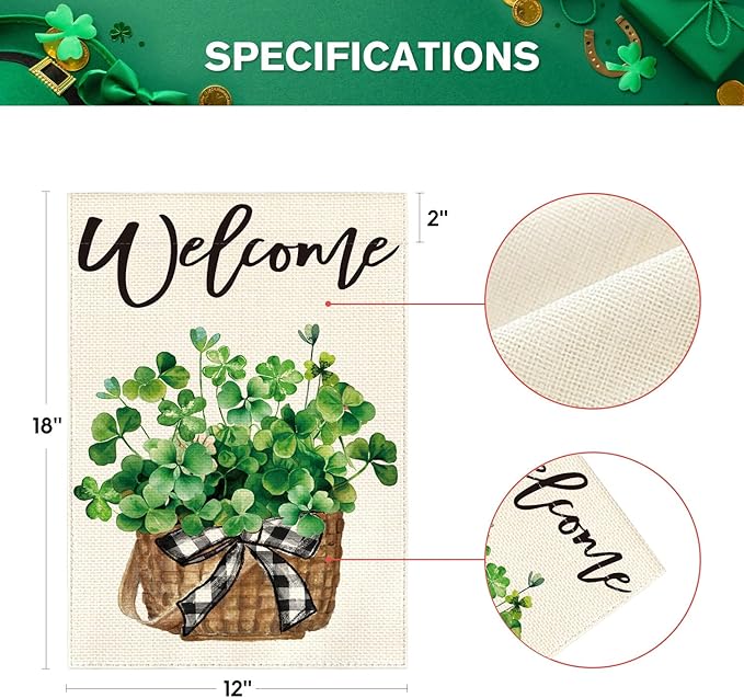 AVOIN colorlife St Patricks Day Garden Flag 12x18 Inch Double Sided Outside, Lucky Shamrocks Clovers Welcome Yard Outdoor Decoration