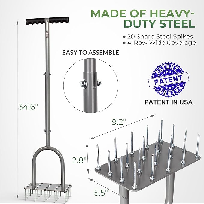 Walensee Four-Row Spike Lawn Aerator,Manual Heavy-Duty Steel Aerator Lawn Tool with 20 Sharp Spikes,Ideal for Small Yards,Lawn Edges,Spot Seeding & Soil Prep,Bare Spots Repair,Gardening Aeration Tool