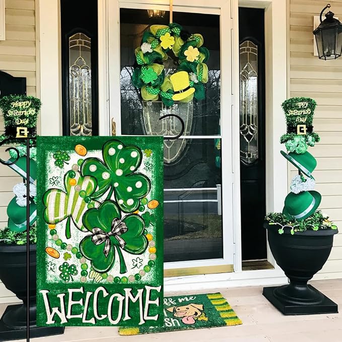 St Patricks Day Shamrock Garden Flag Double Sided, Stripes Polka Dot Trefoil Welcome Burlap Garden Flag for Outside Holiday Farmhouse Yard Decoration 12x18 Inch