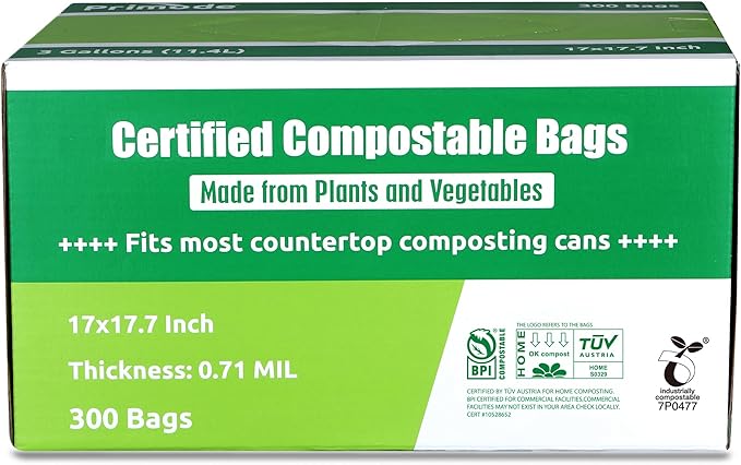 Primode Compostable Trash Bags, Food Scraps Yard Waste Bags,Extra Thick 0.71 Mil. ASTMD6400 Compost Bags Small Kitchen Bin Bags, Certified By BPI and TÜV AUSTRIA (3 Gallon)