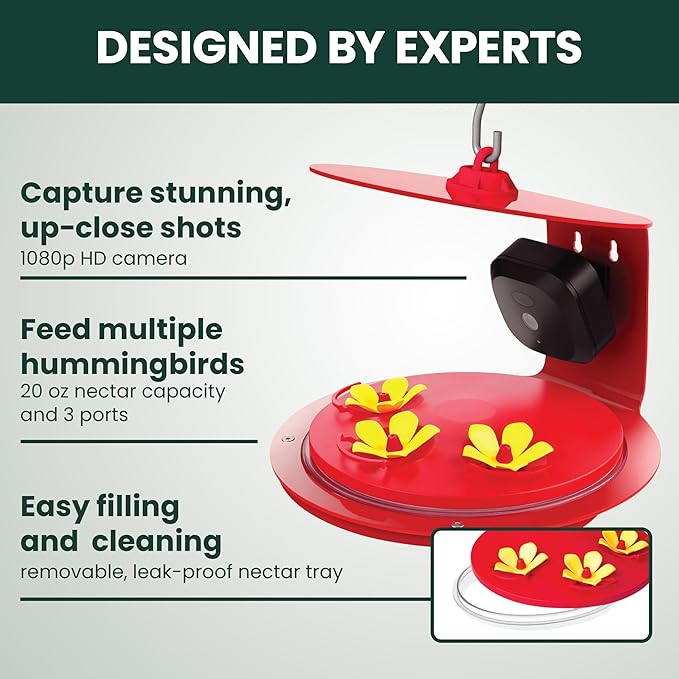 Perky-Pet Smart Bird Feeder with Camera for Hummingbirds - 20 oz Nectar Capacity, Motion Activated 1080p HD, WIi Fi, Camera Feeder Gift Idea