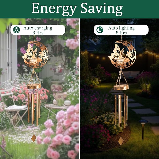 Moon Butterfly Wind Chime Outdoor, Handcrafted Metal Garden Wind Chimes with Butterfly Charms, Melodic Wind Bells for Patio Porch Decor, Weatherproof Gift for Nature Lovers & Garden Enthusiasts