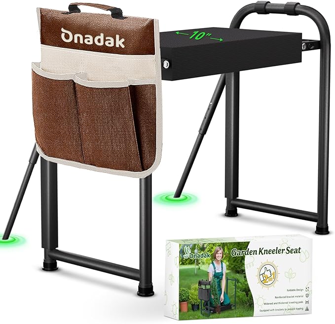 Heavy Duty Garden Kneeler and Seat for Elderly, 400lbs Capacity Foldable Gardening Stool with Support Legs & Thick Pad, Includes Large Tool Organizer Bag, Black (Dark Black)