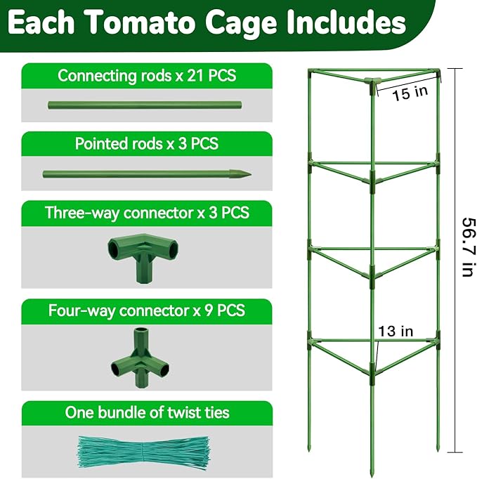 [Upgraded] ZeeDix 57 Inch Tall Tomato Cages for Garden, 6 Pack Large Plant Trellis Support Stakes for Climbing Plants, Heavy Duty Adjustable Tomatoes Cage for Pots, Raised Garden Bed Outdoor Supplies