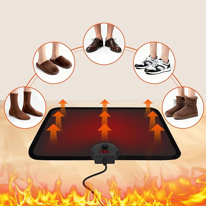 Heated Floor Mat Under Desk for Foot Warmer - Wider 110V Adjustable Temperature Electric Heating Pad - Carbon Crystal & Energy Saving Feet Warmers for Office,Home (Black)