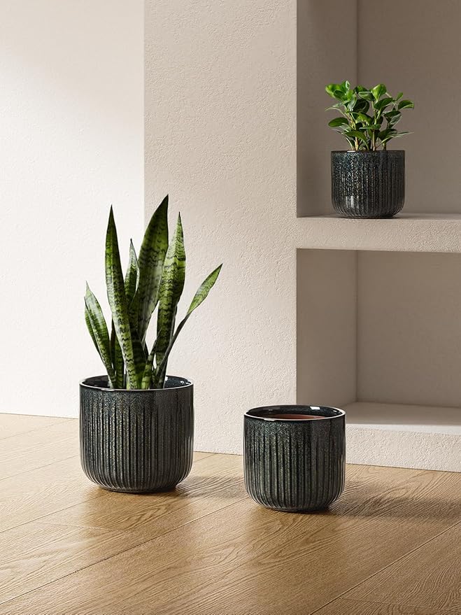 LE TAUCI Fluted Ceramic Pots for Plants, 8.3/7/6 Inch Indoor Planters with Drainage Holes & Mesh, Modern Glossy Glaze Cylinder Plant Pot for Snake Plant, Set of 3, Slate Olive
