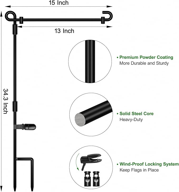 HOOSUN Garden Flag Stand, Premium Garden Flag Pole Holder Metal Wrought Iron Powder-Coated Weather-Proof Paint (2 Pack) with Tiger Clip and Spring Stoppers