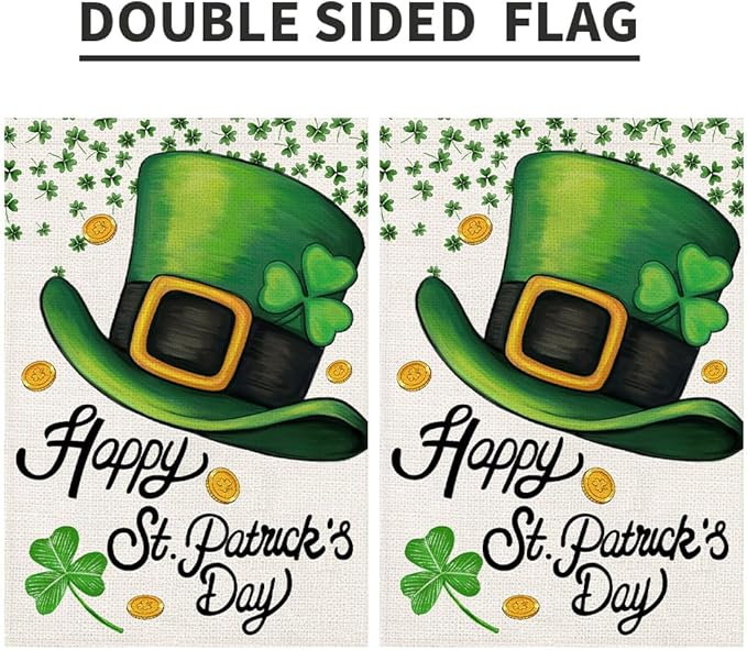 Happy St Patricks Day Garden Flag Burlap 12x18 Double Sided, Green Hat Shamrocks Lucky Clover Holiday Party Sign Small Flags Yard Outdoor Decorations DF660