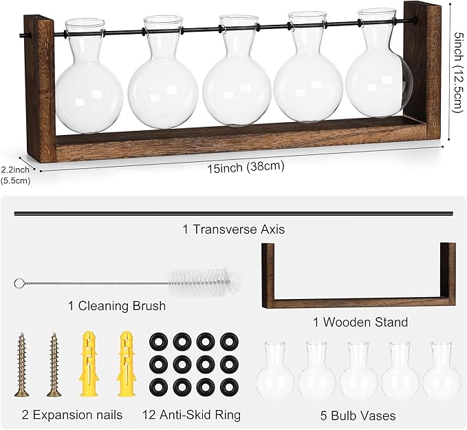 YIBOT Wall Hanging Glass Planter Plant Propagation Vase for Indoor Home Office Living Room Decor Gifts, Plant Terrarium with Wooden Stand-5 Bulb Glass Vases