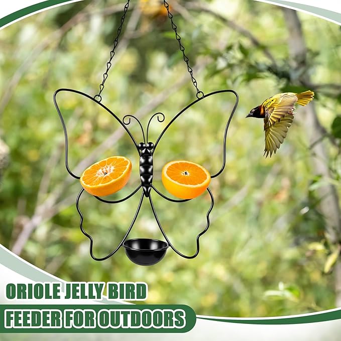 Hushee 2 Pack Oriole Feeder for Outdoors Jelly and Oranges Fruit Metal Bird Feeder Outdoor Garden Metal Hanging Drinking Container Hummingbird Jelly for Outdoor Hanging Garden Patio(Butterfly Shaped)