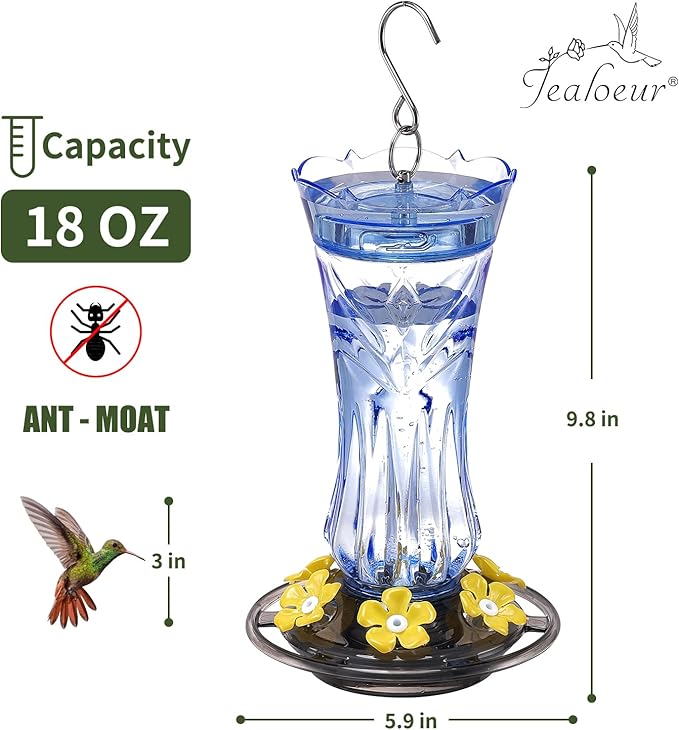 Hummingbird Feeder for Outdoors Hanging, 18 OZ Humming Birds Feeders with 6 Bee Guard Feeding Ports & Built-in Ant Moat, Easy to Clean, Durable Outdoor Garden Decor, Blue
